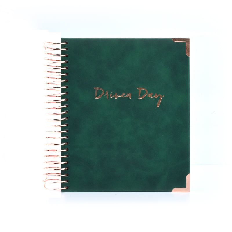 Driven Day September 2024 - August 2025 Wire bound Jewish Daily Planner- Be Shabbos and Yom Tov Ready, Achieve your Goals and Prioritize Your Day With Daily, Weekly, and Monthly Views, 9.3"x8.6" (Green Suede)