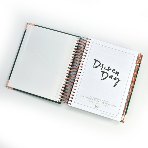 Driven Day September 2024 - August 2025 Wire bound Jewish Daily Planner- Be Shabbos and Yom Tov Ready, Achieve your Goals and Prioritize Your Day With Daily, Weekly, and Monthly Views, 9.3"x8.6" (Green Suede)