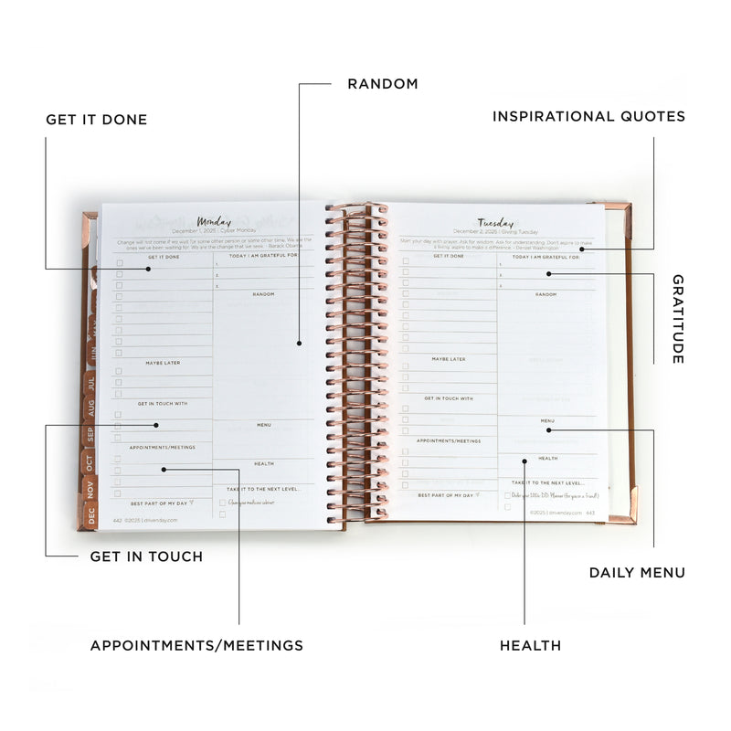 Driven Day Standard January 2025 Wire-bound Daily Planner- Achieve your Dreams  and Prioritize Your Day With Daily, Weekly, and Monthly Views.